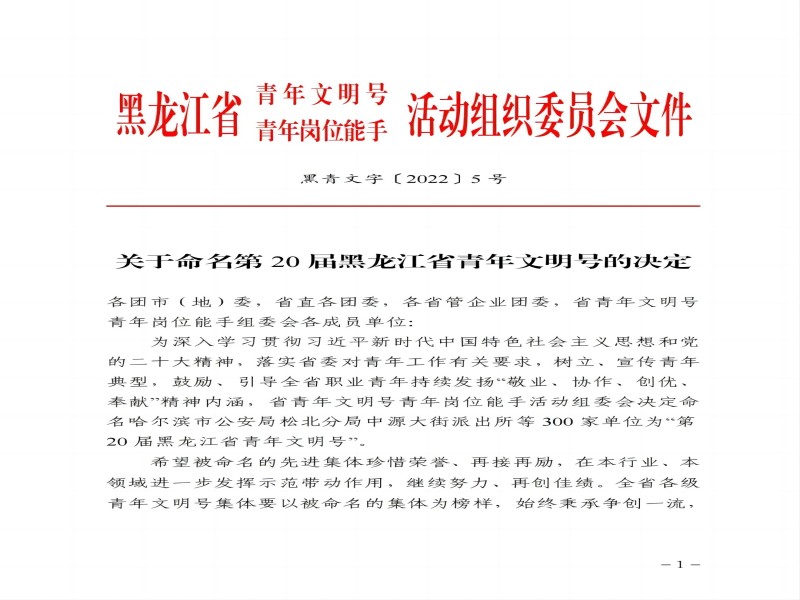 喜報(bào)！水利水電集團(tuán)二公司第一項(xiàng)目部 榮獲“第20屆黑龍江省青年文明號(hào)”